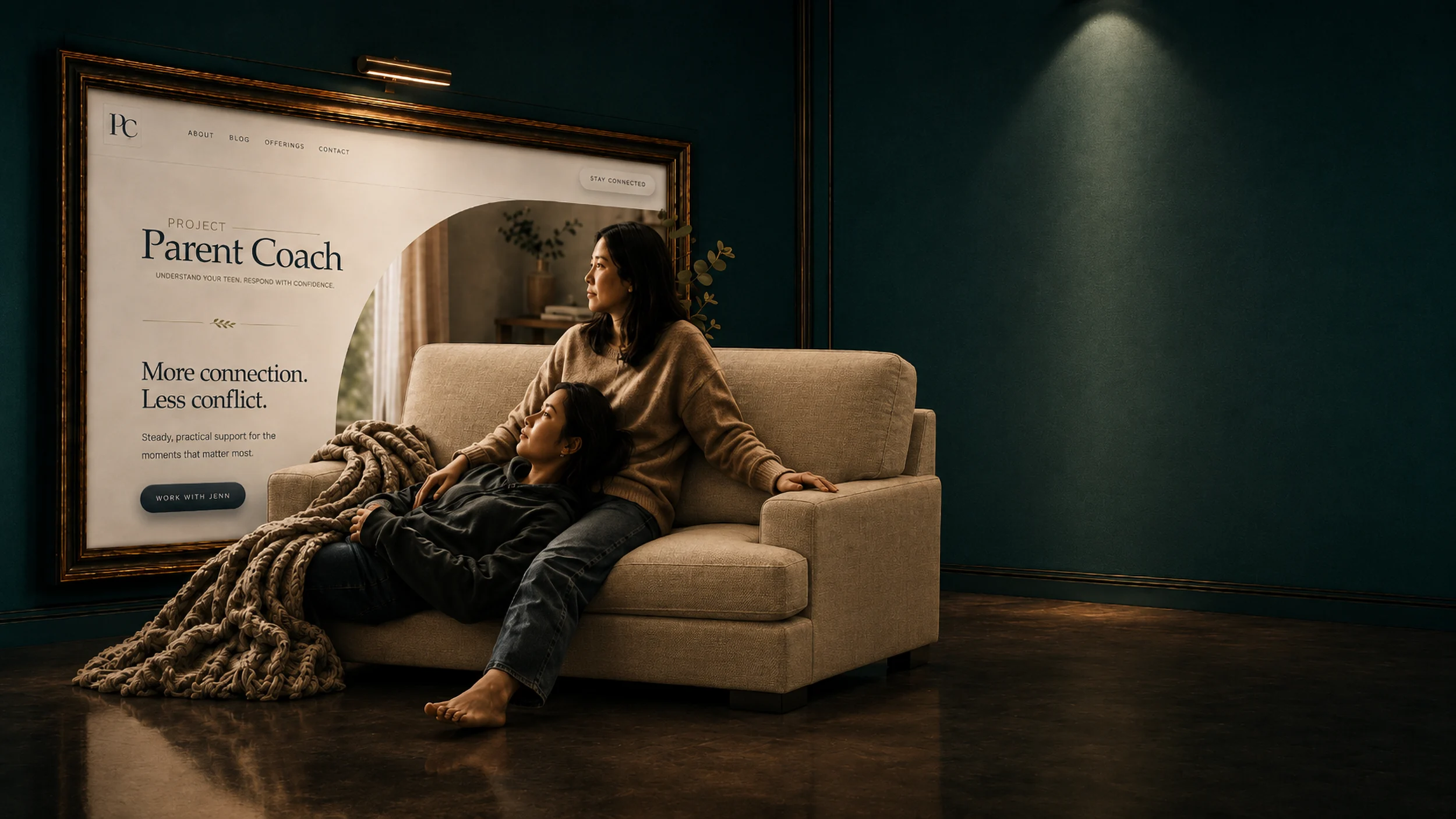 Project Parent Coach, hung in the gallery under a downlight: a parent and teen resting on a couch that spills out of the frame onto the floor.