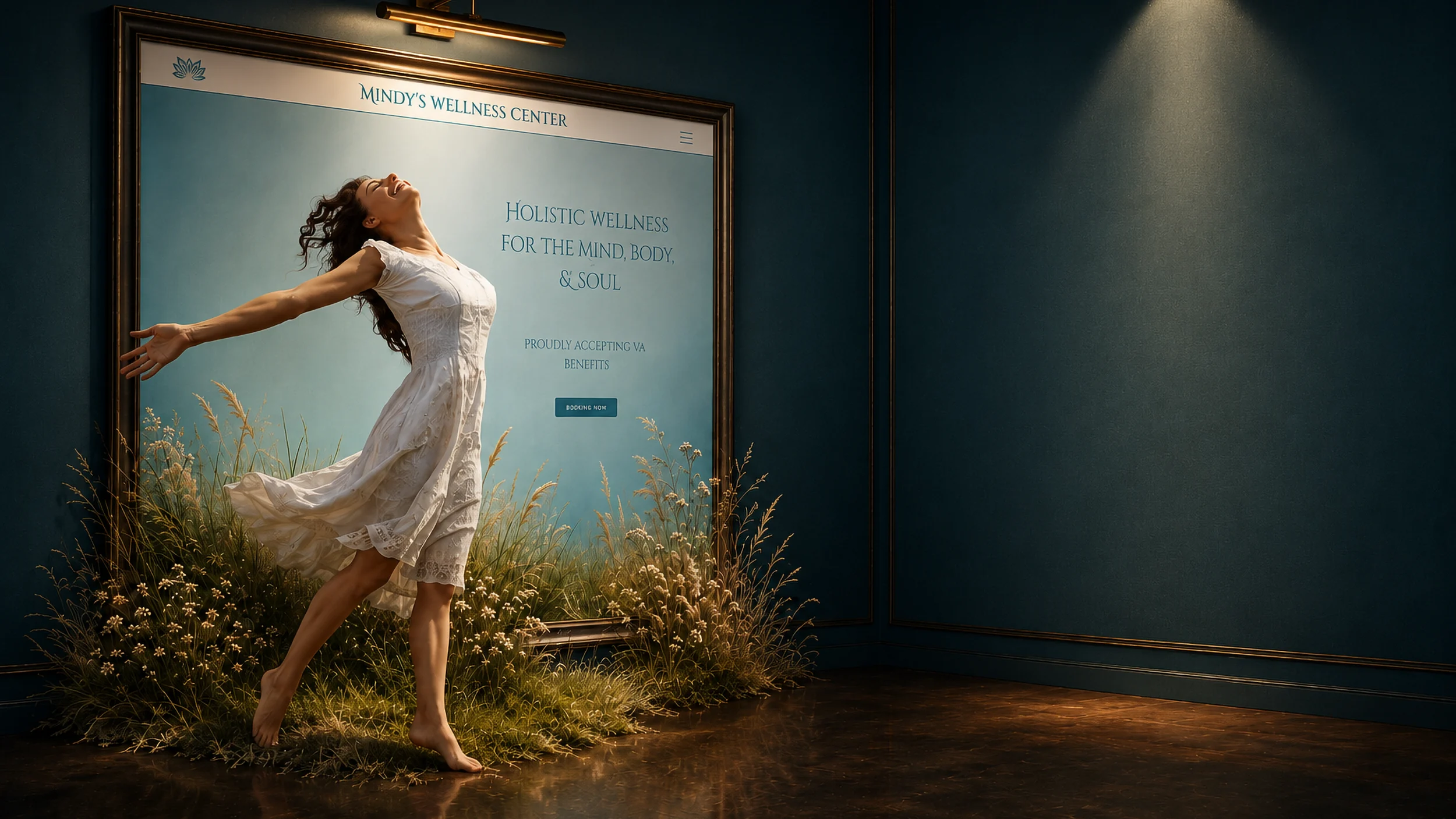 Mindy's Wellness Center: a dancer in a sunlit meadow stepping out of her framed site onto the gallery floor.
